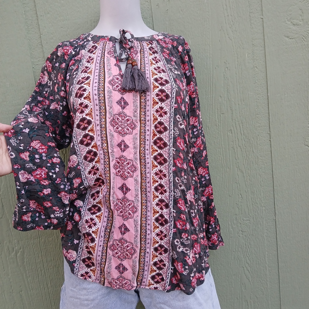 Pink and Black Floral Tassel Peasant Blouse